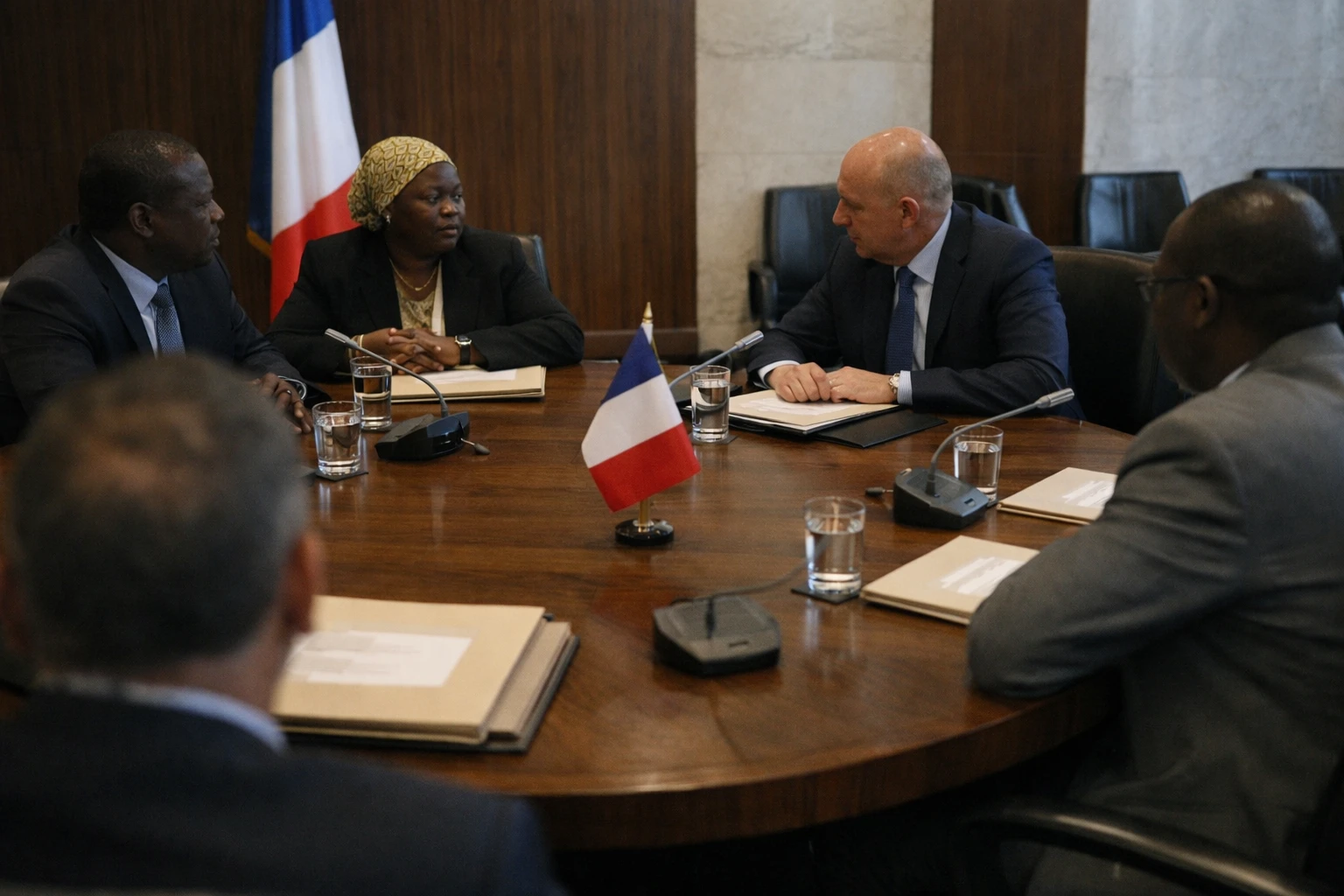 Réunion diplomatique à l’Union africaine avec delegates anonymes, micros de table et drapeau tricolore discret.