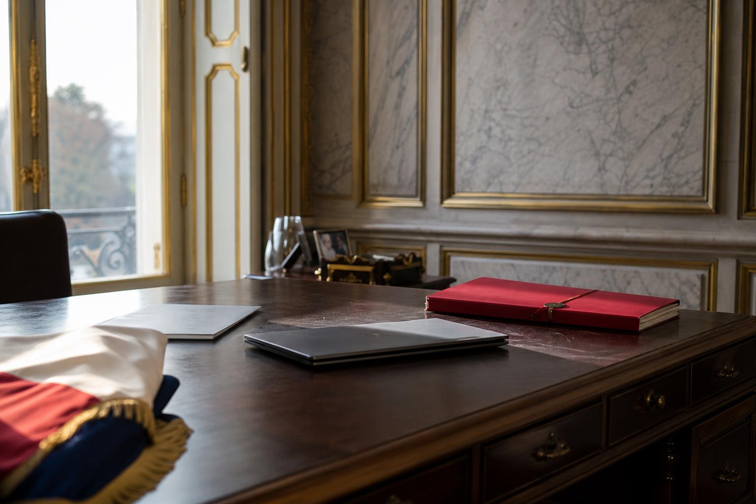 Bureau vide de l’Élysée avec dossier scellé et drapeau tricolore discret, illustrant la fin de mandat d’Emmanuel Macron.