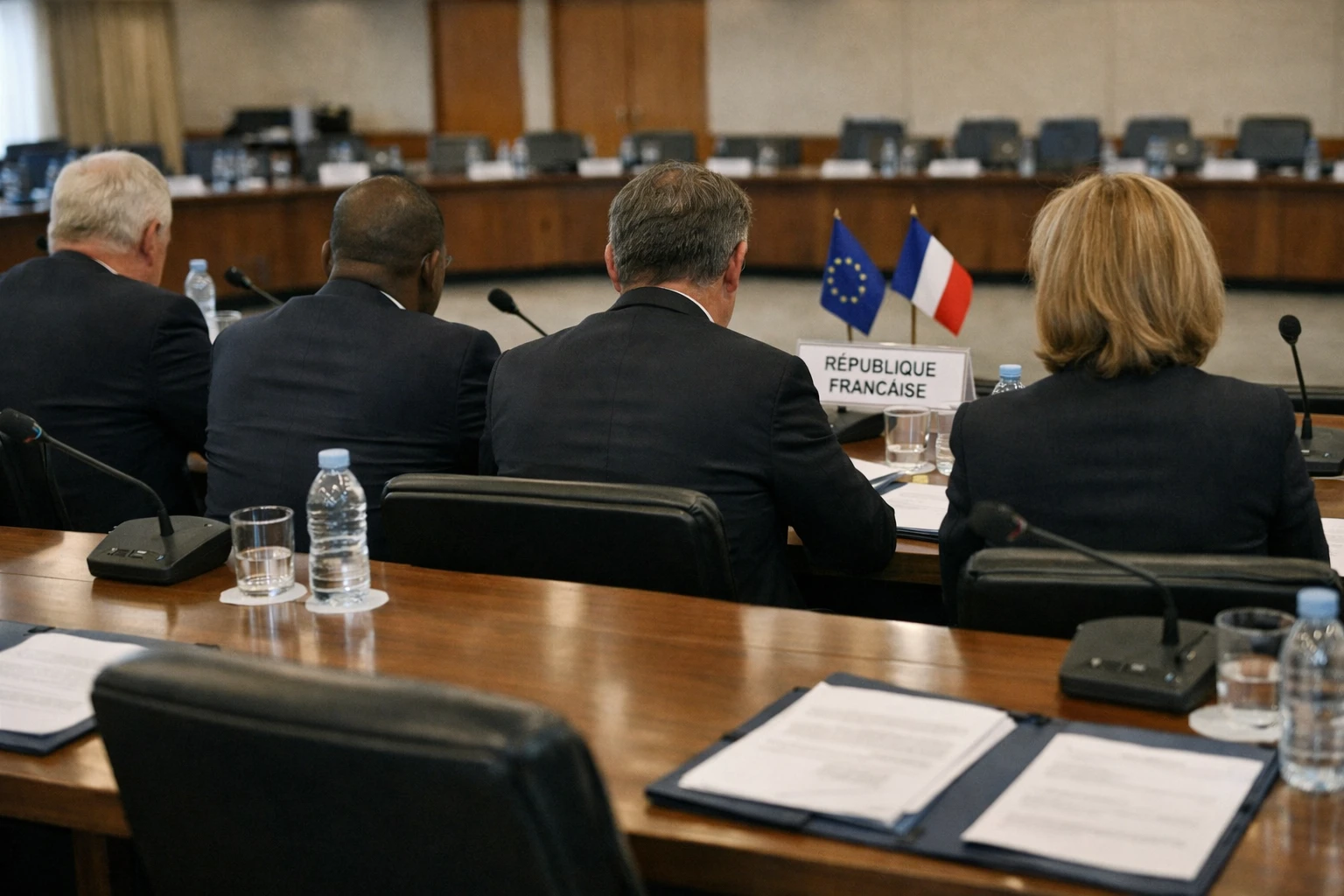 Sommet diplomatique dans une salle institutionnelle avec micros, drapeaux miniatures et délégués anonymes, ambiance de photo de presse éditoriale.