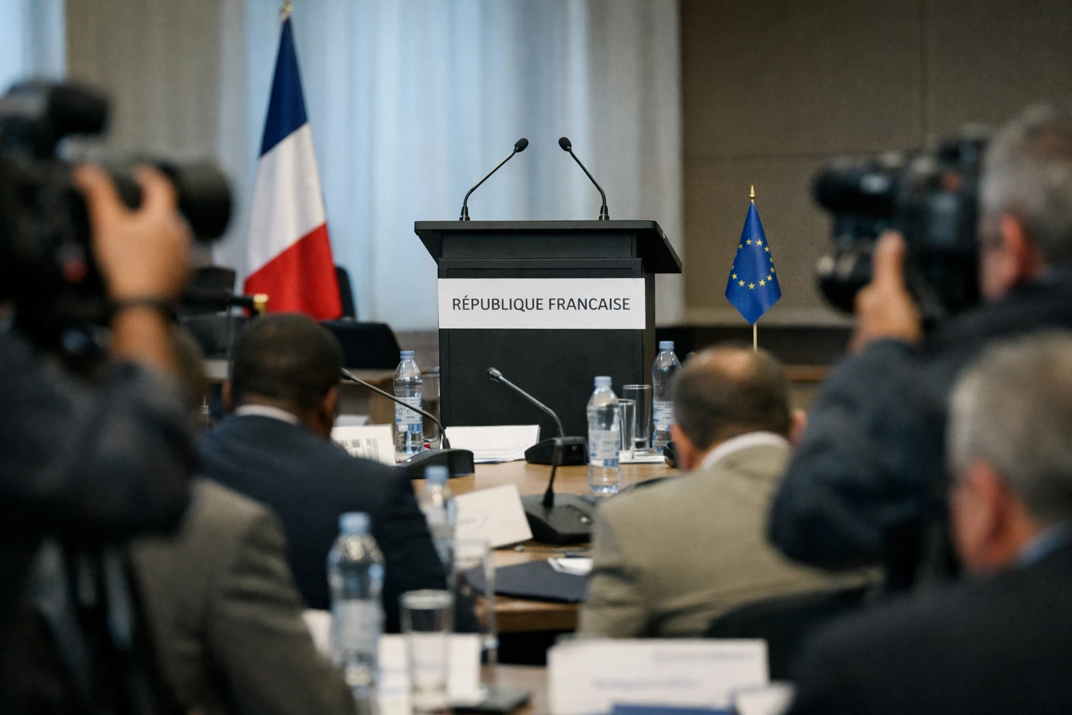 Salle de sommet diplomatique avec micros, drapeaux discrets et délégation floue, illustrant l’image médiatique d’Emmanuel Macron à Nairobi