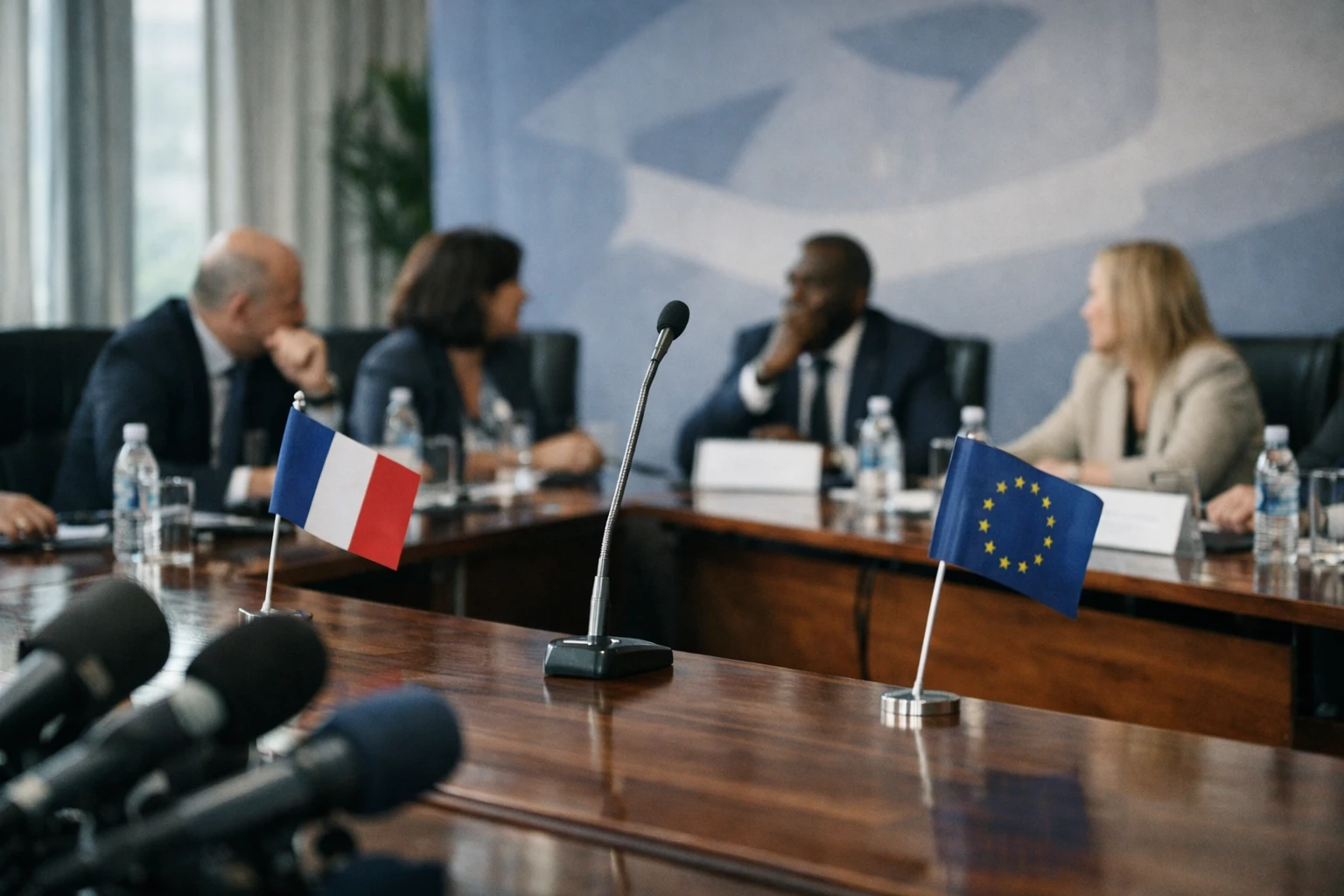 Sommet diplomatique à Nairobi avec micros, délégations anonymes et petits drapeaux français sur une table de conférence.