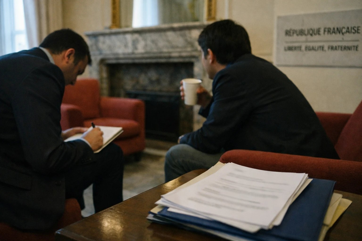 Deux conseillers politiques anonymes se parlent dans un salon institutionnel parisien, avec dossiers et ambiance discrète de succession macroniste.