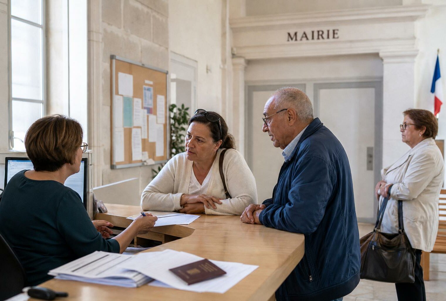 Dans une mairie française, des citoyens échangent avec un agent d’accueil dans une ambiance administrative calme et lumineuse.