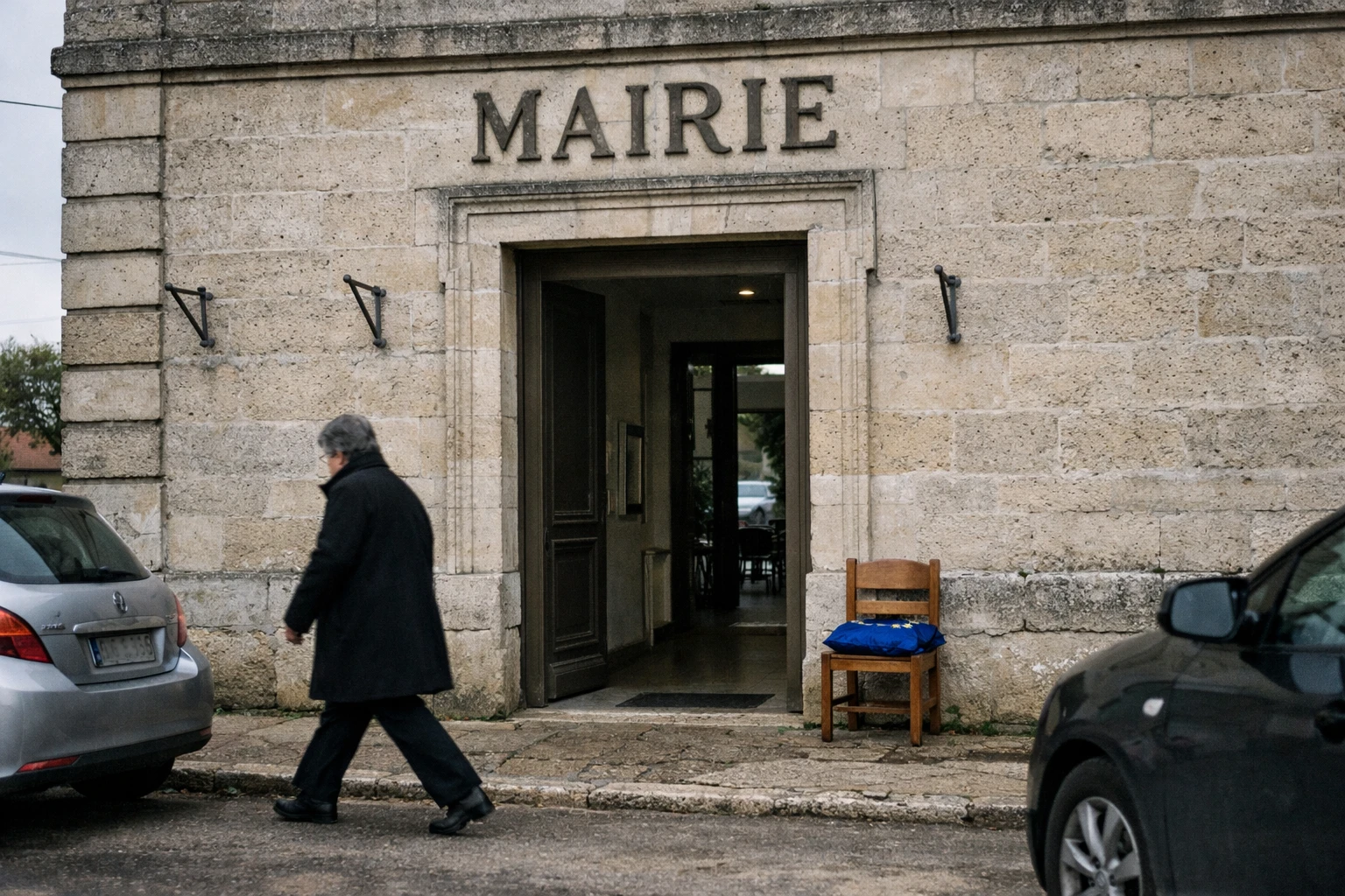 Façade d’une mairie française avec emplacements de drapeaux vides et ambiance politique locale