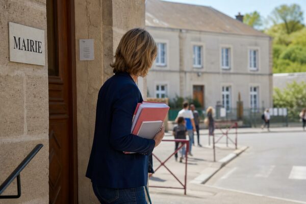 Un élu local anonyme tient un dossier devant la mairie, avec une école floue en arrière-plan sous la chaleur.
