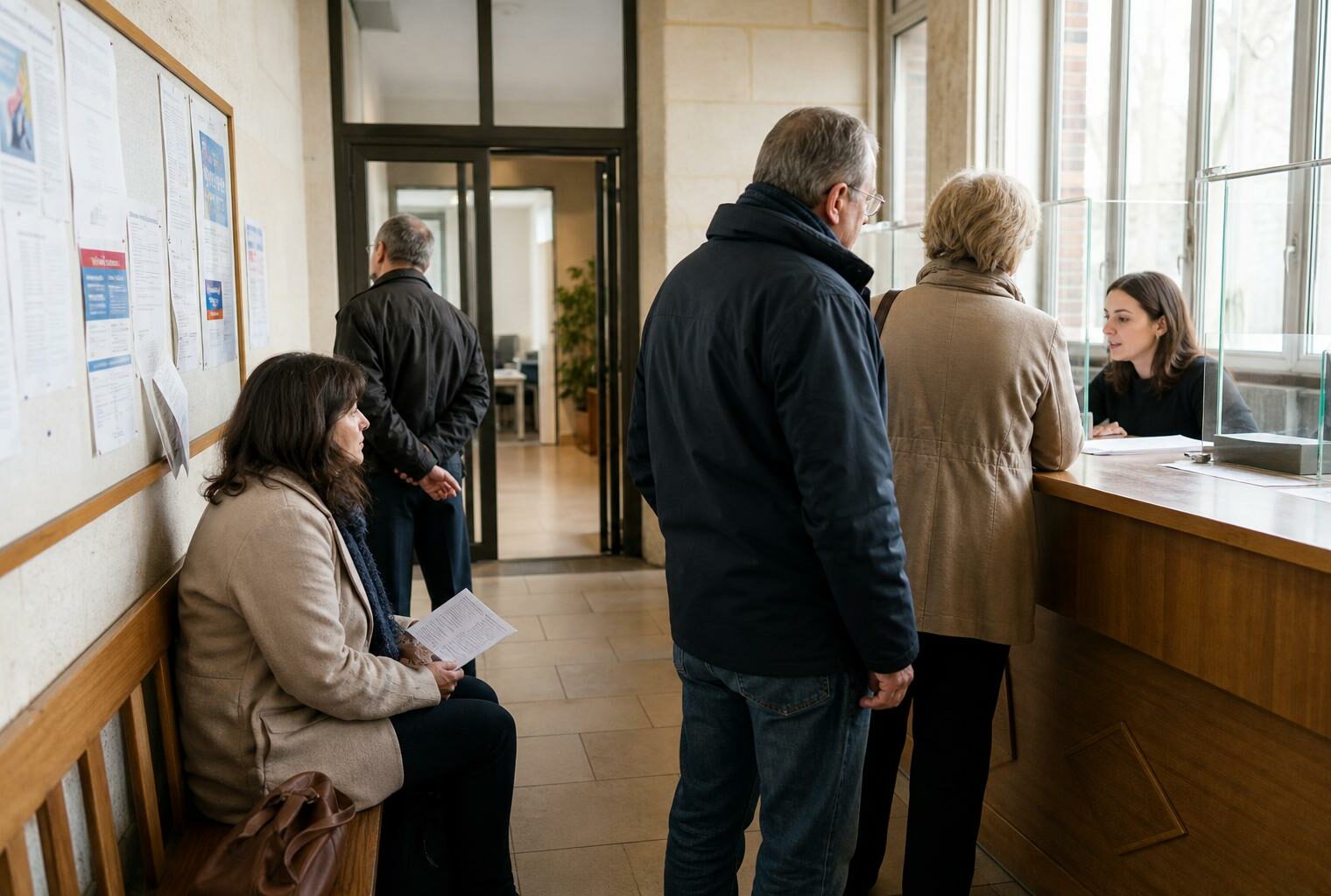 Des habitants échangent avec un agent municipal dans le hall lumineux d’une mairie française.