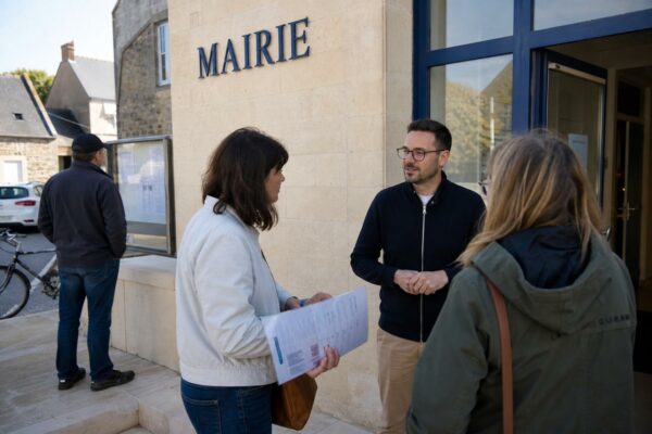 Des habitants échangent devant une mairie de village, avec un document flou et un panneau d’affichage municipal.