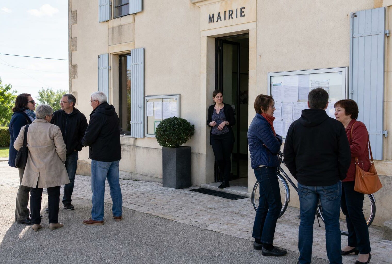 Des habitants anonymes sortent d’une mairie de village après une réunion locale, sous une lumière de jour claire.