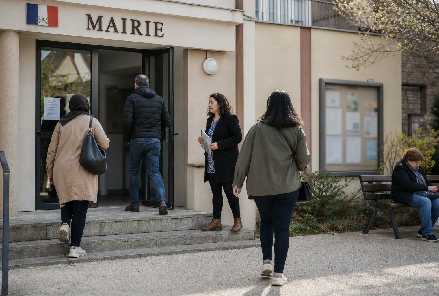 Des habitants attendent devant une mairie de ville moyenne, dans une scène de service public claire et ordinaire.