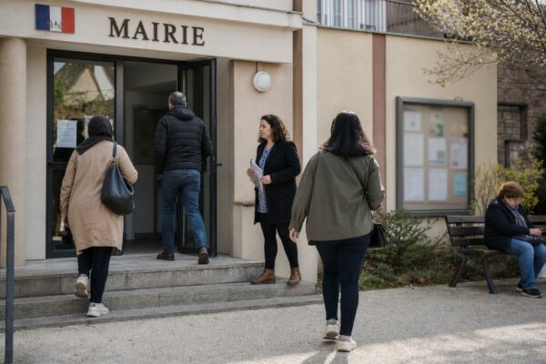 Des habitants attendent devant une mairie de ville moyenne, dans une scène de service public claire et ordinaire.