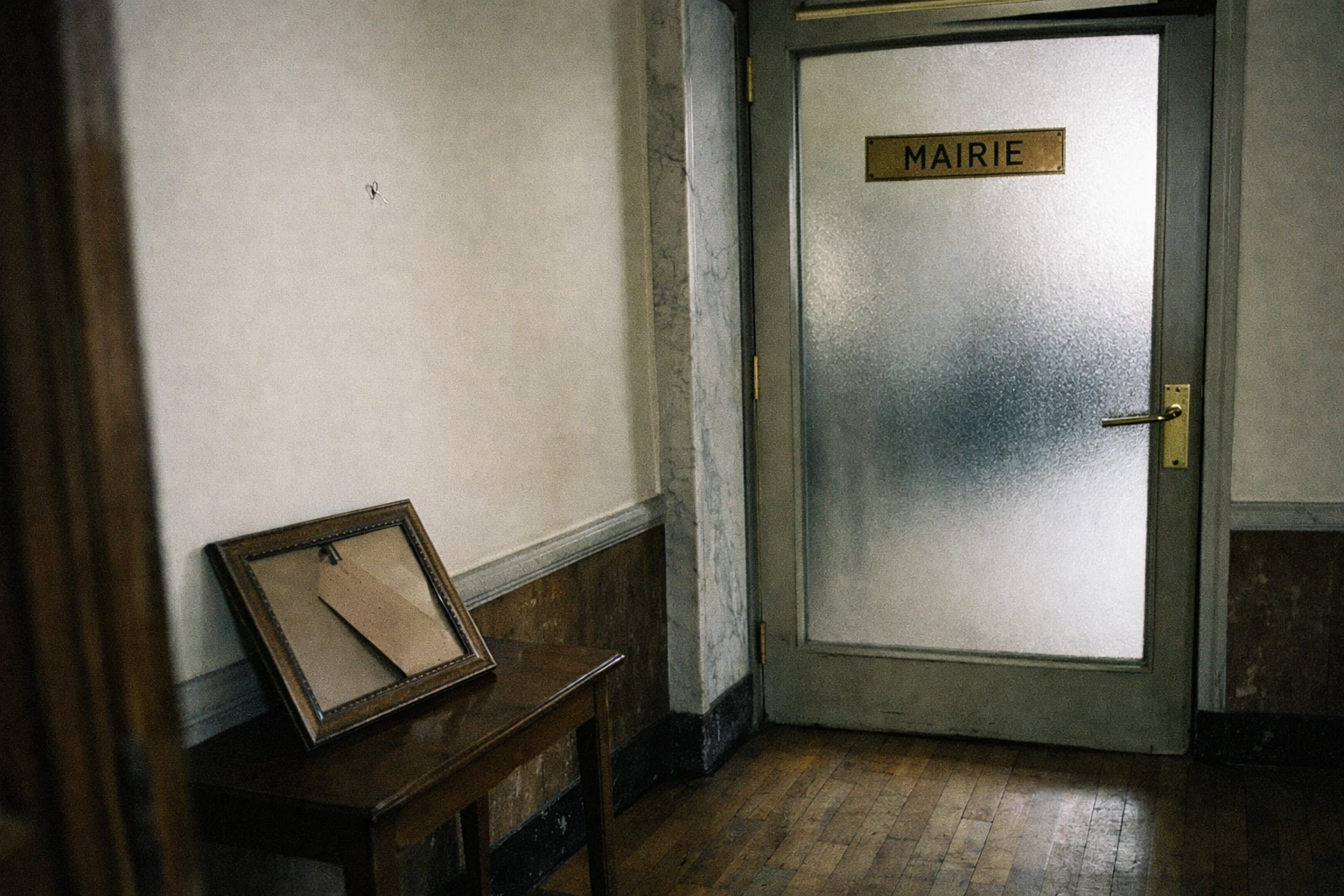 Intérieur de mairie française avec un cadre de portrait présidentiel retourné et une ambiance institutionnelle calme