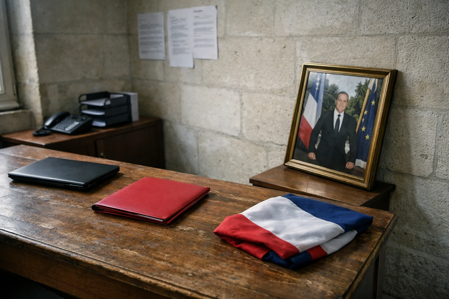 Bureau de mairie vide avec portrait présidentiel retourné, dossier fermé et drapeau tricolore plié, en photojournalisme éditorial.
