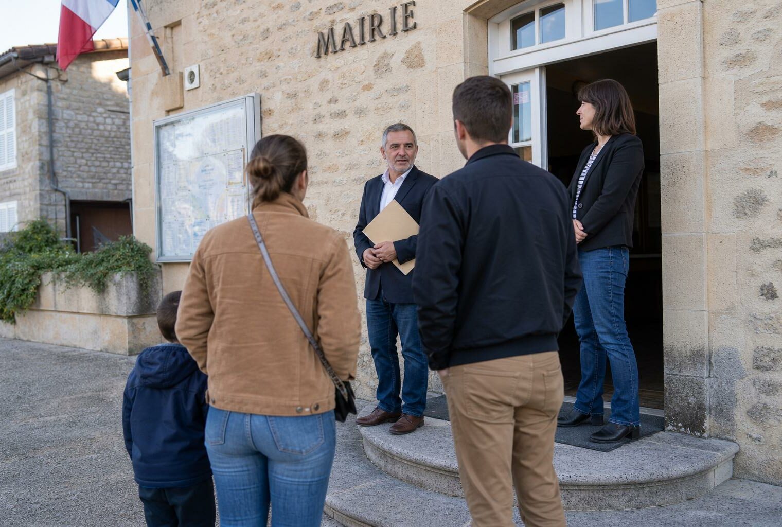 Des parents et des élus anonymes discutent devant une mairie de quartier, dossier en main, sous une lumière de jour claire.