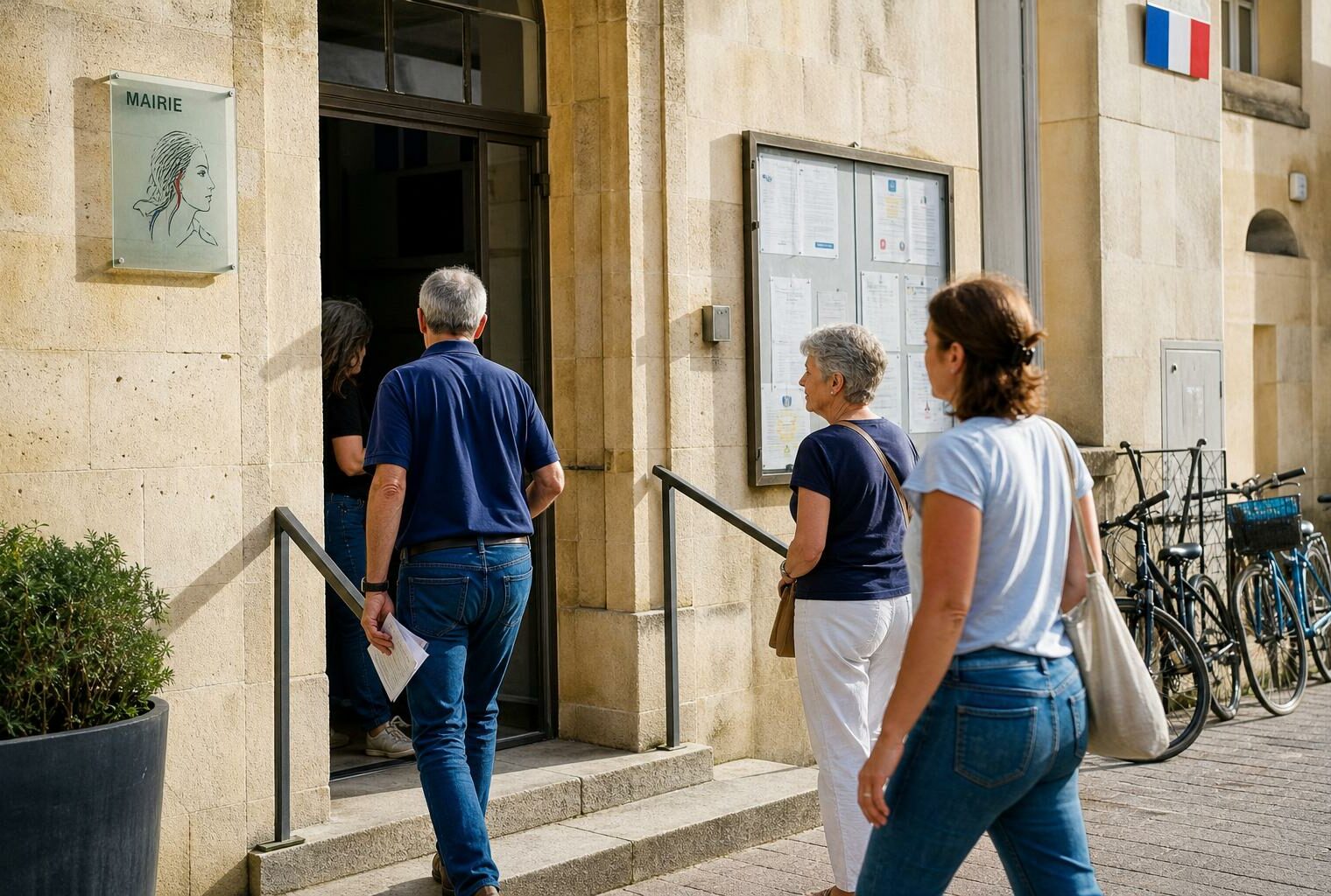 Des citoyens attendent devant une mairie française, dans une scène de proximité politique calme et réaliste.