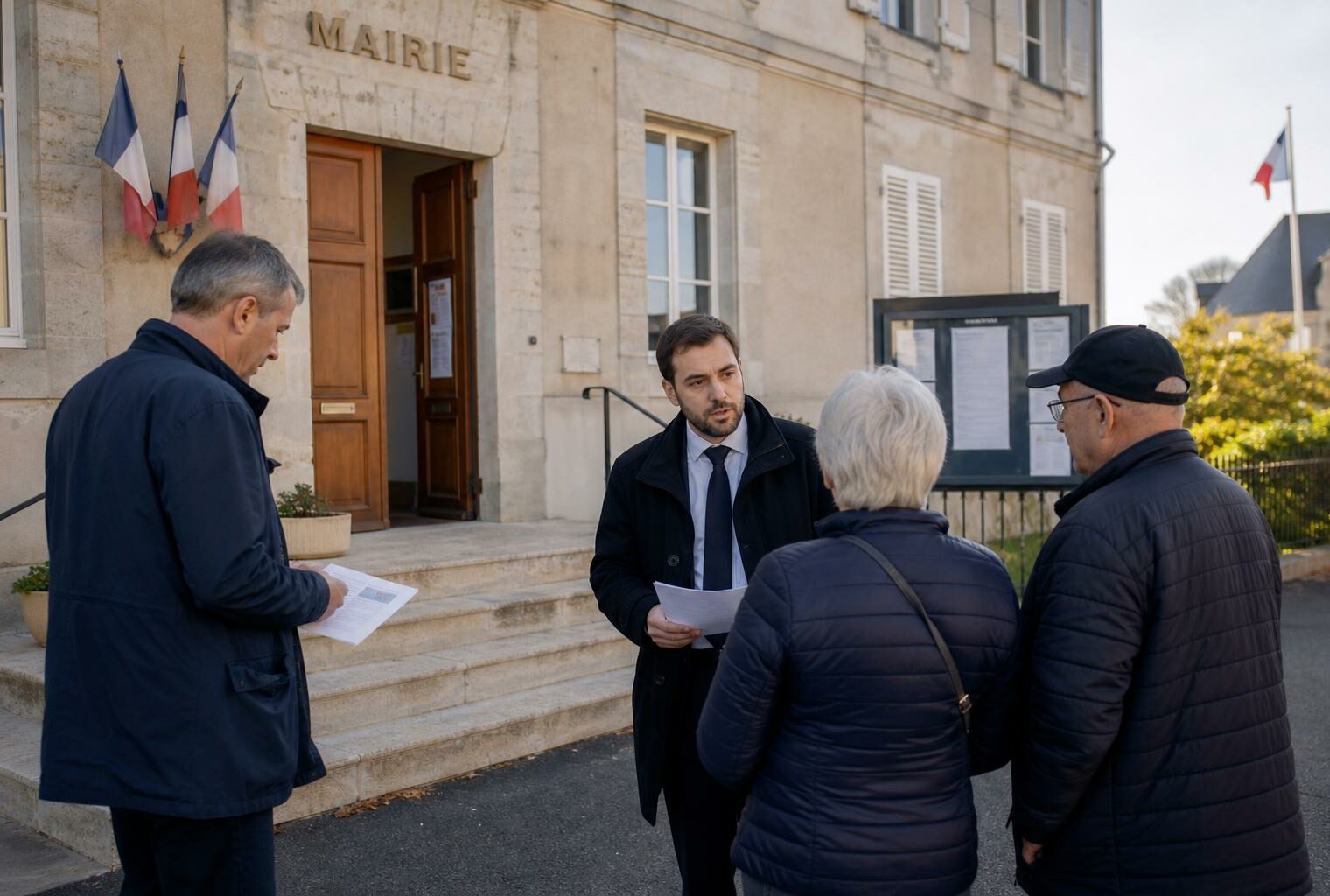 Devant une mairie de petite ville, des habitants échangent avec un élu dans une ambiance de journée claire et discrète.