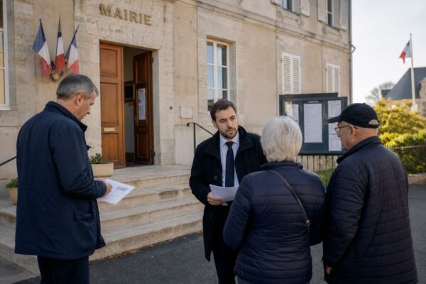 Devant une mairie de petite ville, des habitants échangent avec un élu dans une ambiance de journée claire et discrète.
