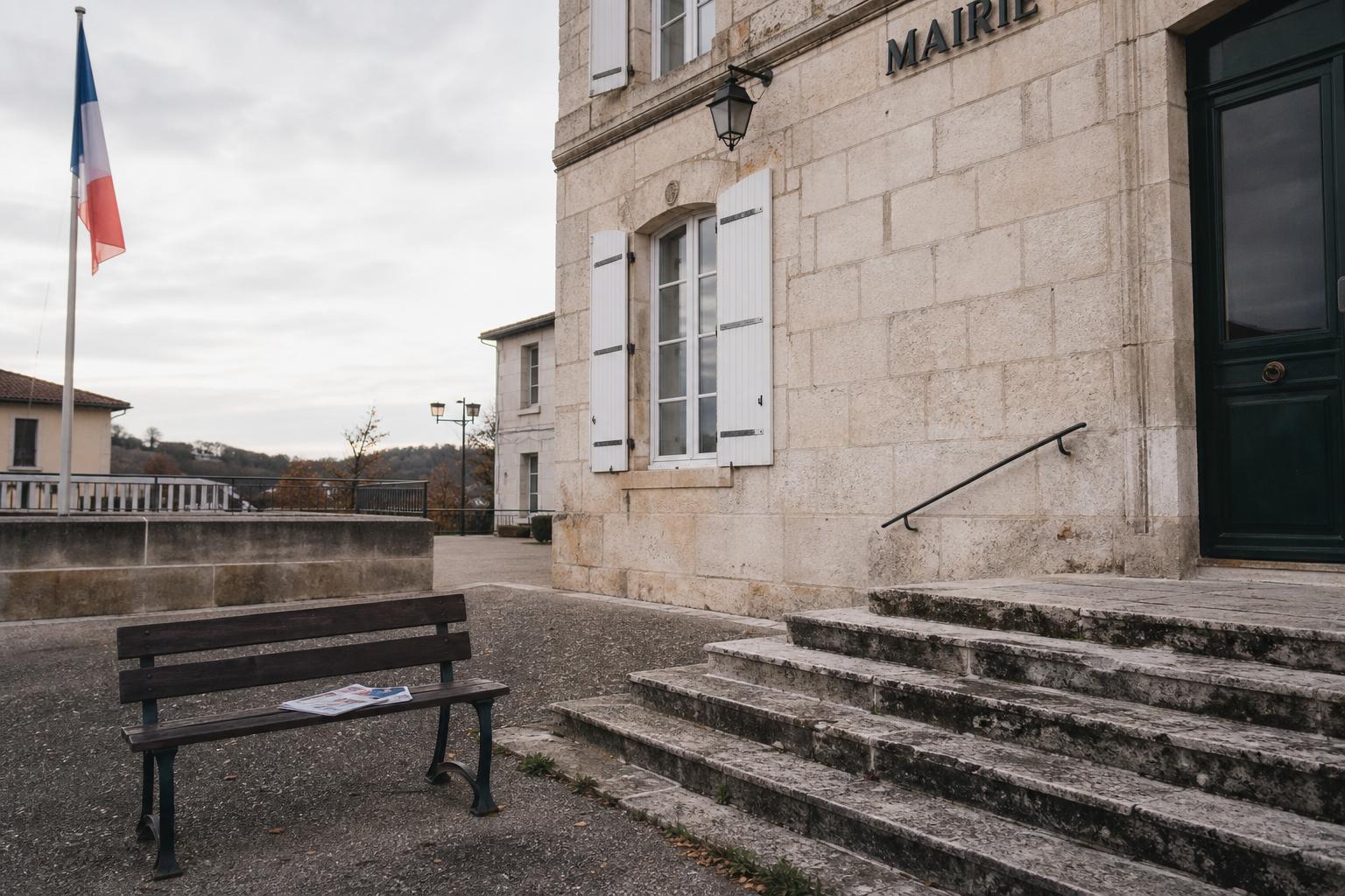 Façade d’une mairie française avec drapeau tricolore discret et ambiance municipale calme, en style photojournalistique.