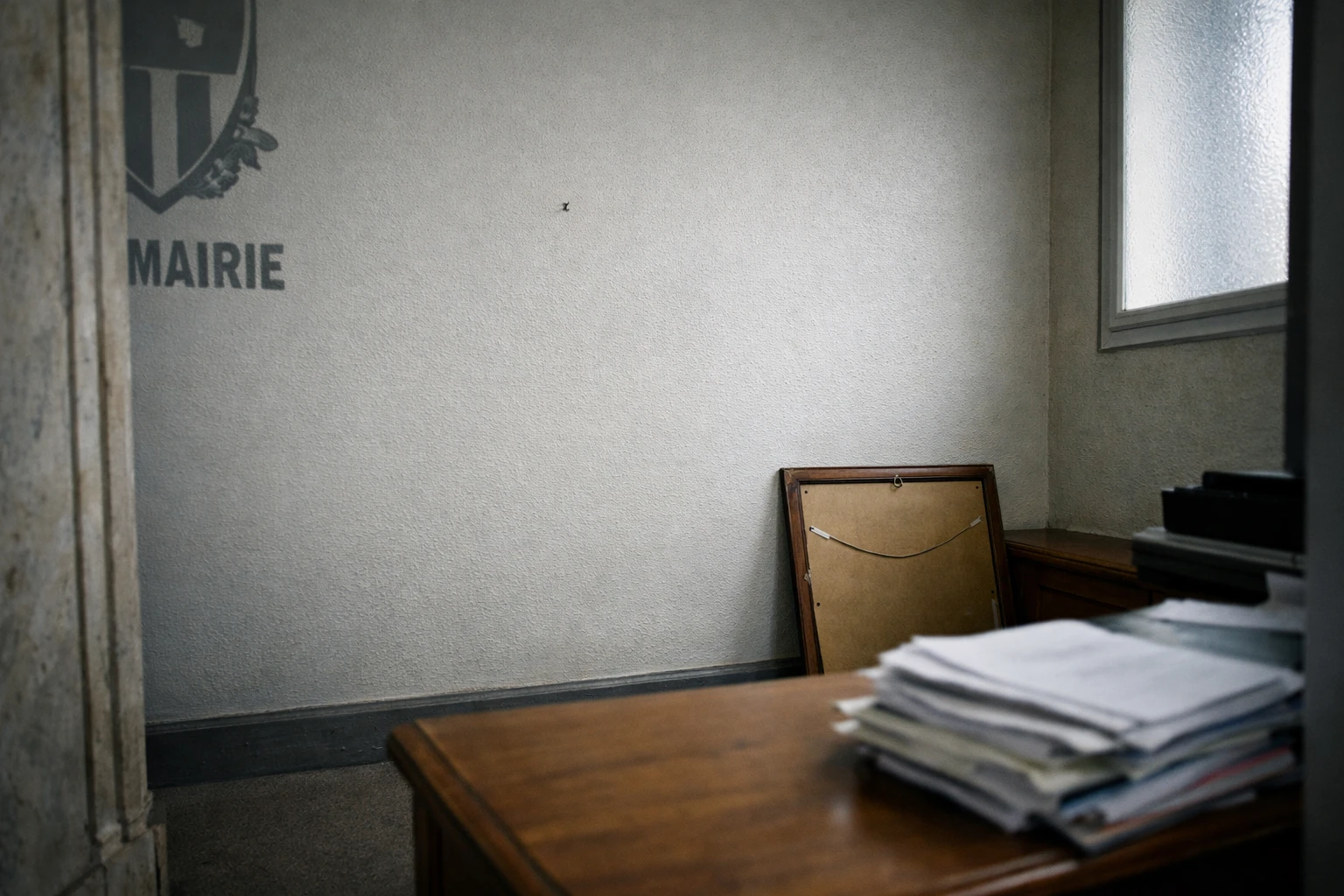 Intérieur d’une mairie de Saint-Denis avec un portrait présidentiel retiré et posé face contre terre dans un bureau officiel