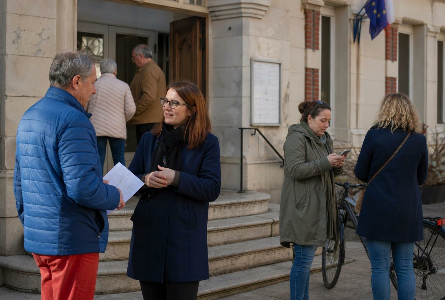 Des citoyens discutent devant une mairie de quartier, dans une scène de vie civique française en plein jour.