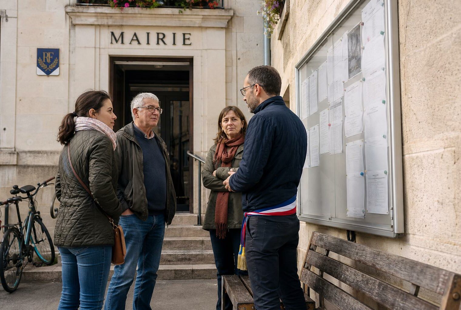 Des citoyens échangent devant une mairie de province, dans une scène de vie civique claire et naturelle.