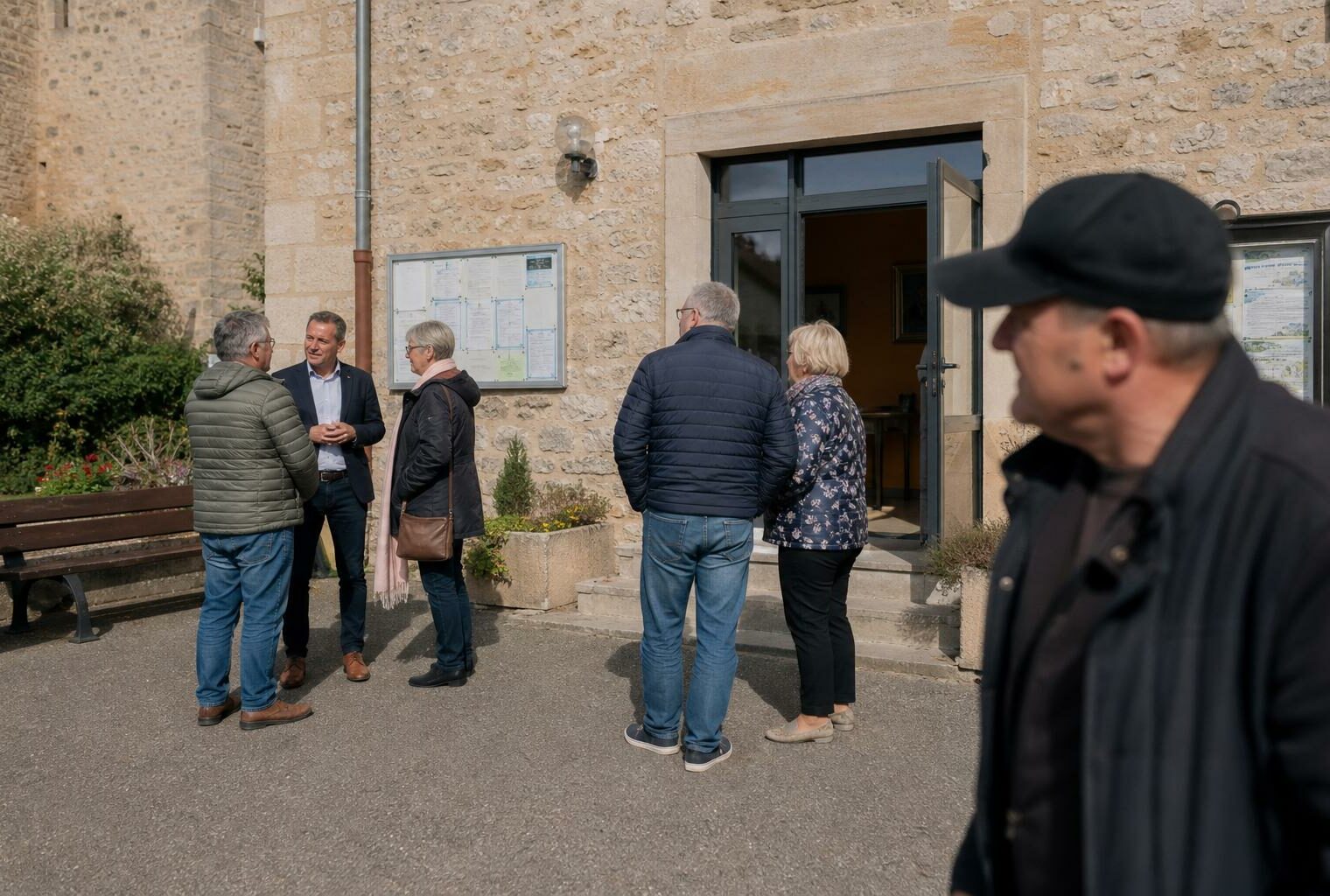 Des habitants et des élus locaux discutent devant une mairie de village en Aveyron, dans une lumière naturelle claire.