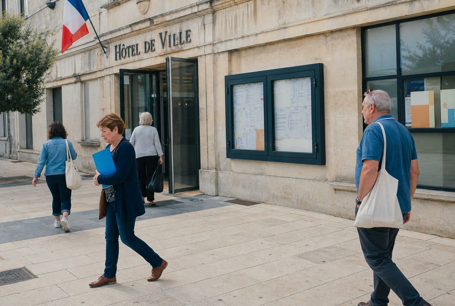 Devant une mairie de ville française, des habitants anonymes traversent une rue de quartier en plein jour.