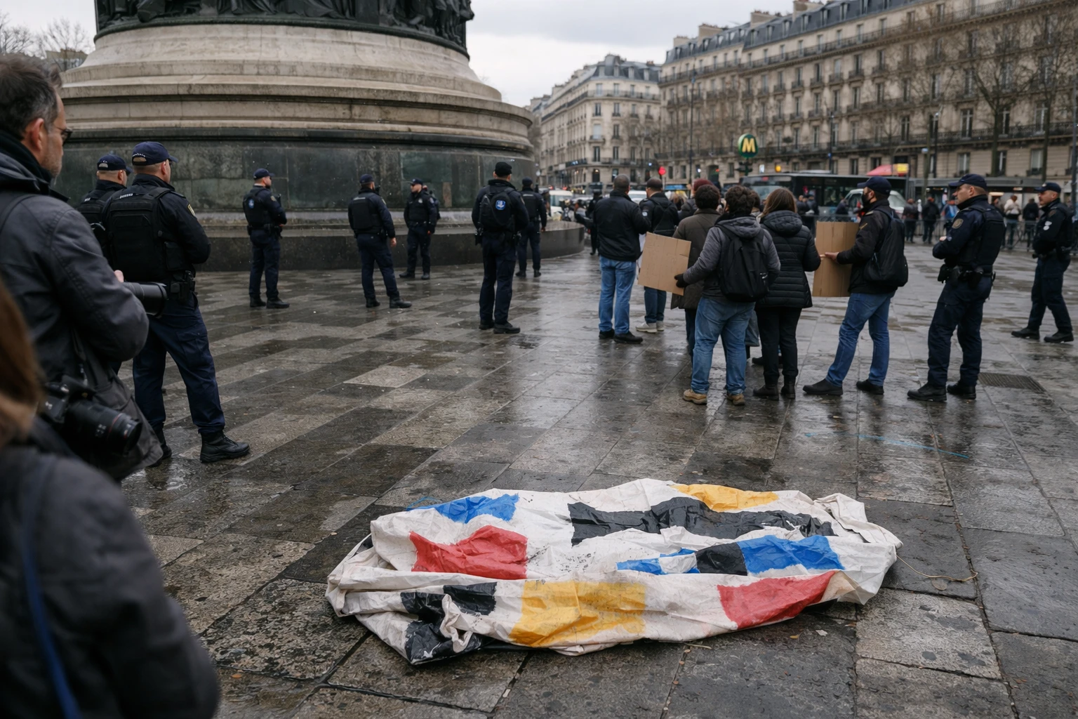 Scène de presse à Paris près de la place de la République lors d’un dispositif policier après une manifestation interdite