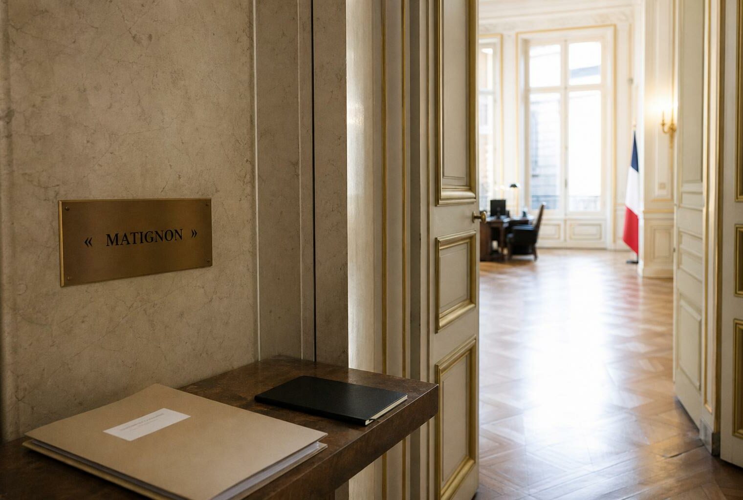 Couloir lumineux de Matignon avec dossier de briefing, dans une atmosphère institutionnelle calme et réaliste.