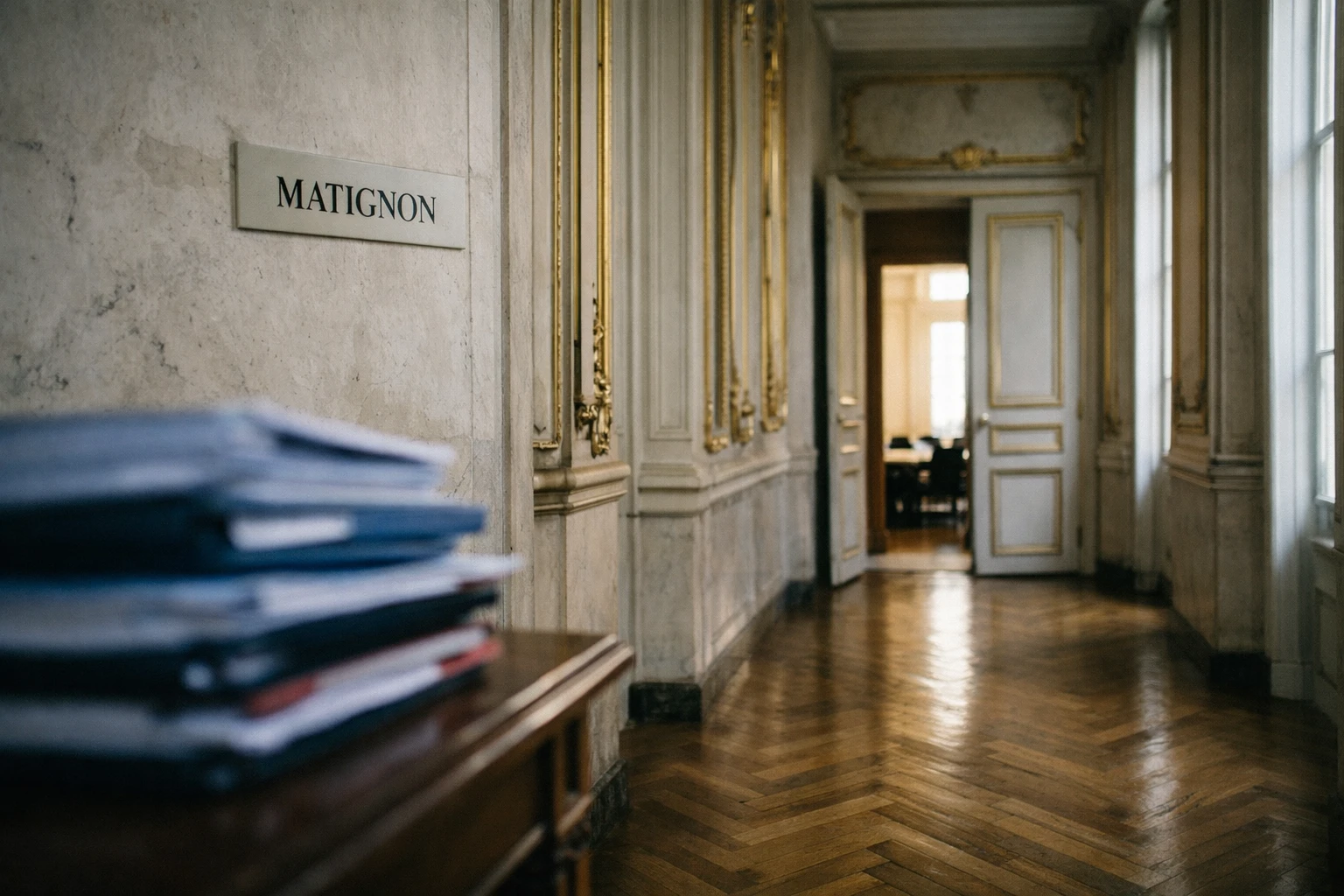 Couloir vide de Matignon avec marbre, dorures et porte de réunion entrouverte, en photojournalisme éditorial.