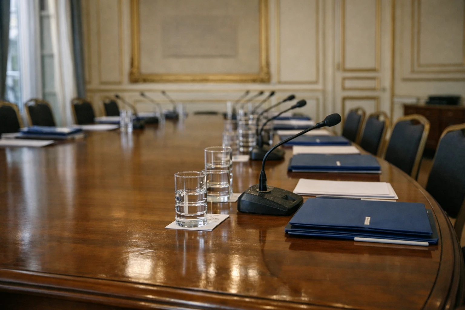 Salle de réunion de Matignon préparée pour un point sanitaire sur l’hantavirus, avec microphones et dossiers sur une table vide.