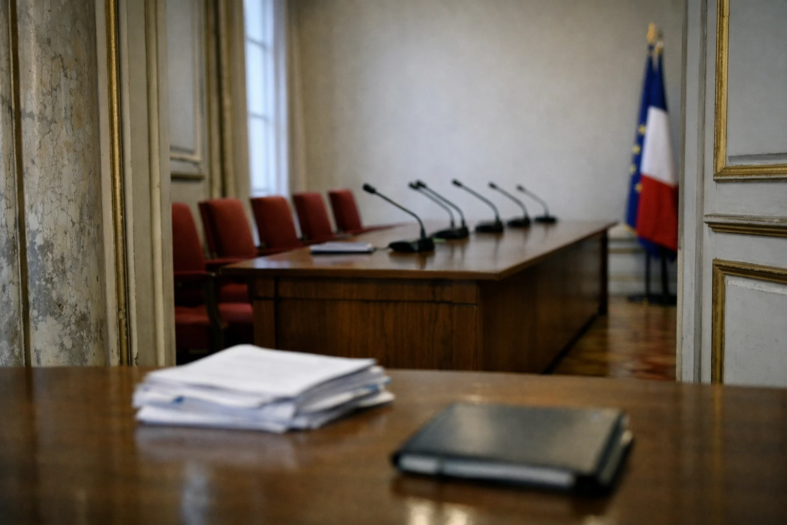 Couloir de Matignon vide avec microphones et drapeau tricolore discret, illustrant les tensions au sein de la majorité.