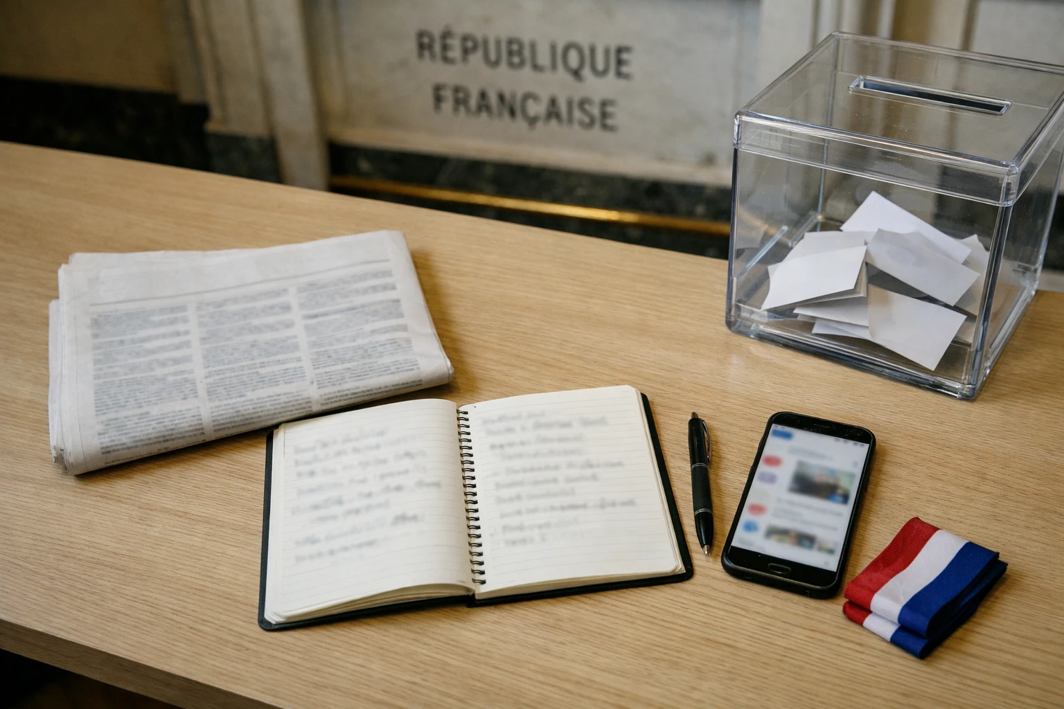 Bureau de presse avec journal, smartphone et urne transparente pour illustrer le débat politique autour de Mbappé, Bardella et la présidentielle 2027.