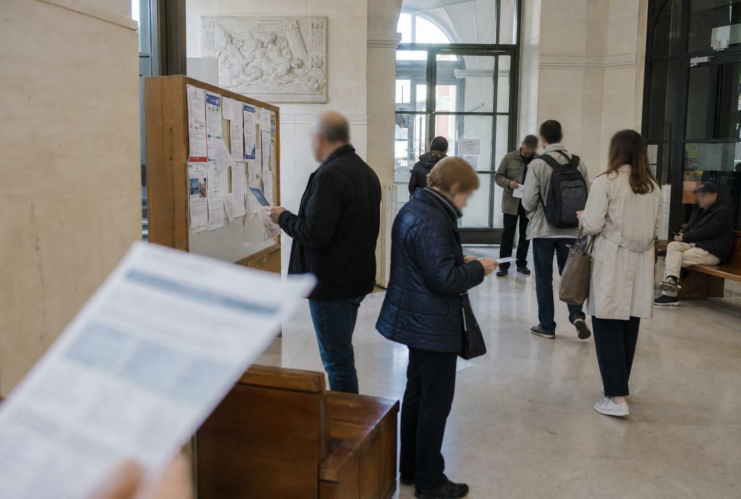 Des citoyens anonymes traversent un hall de mairie lumineux avec des affiches électorales floues en arrière-plan.