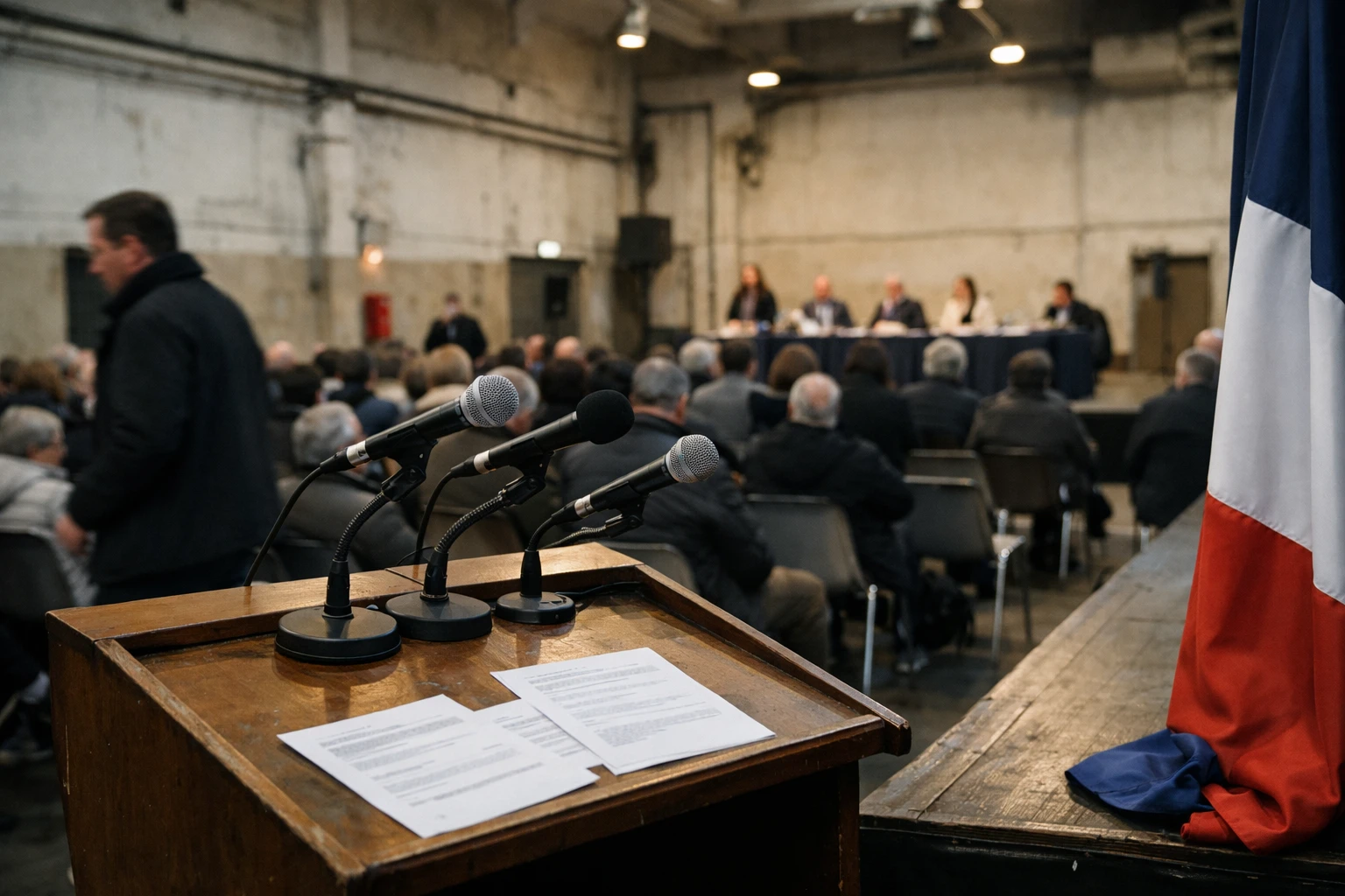 Meeting politique de gauche à Paris avec pupitre, micros et public dans une salle de rassemblement.