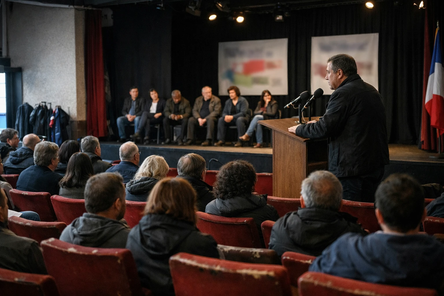Meeting politique de gauche à Paris dans une salle de concert, avec podium, micros et public assis