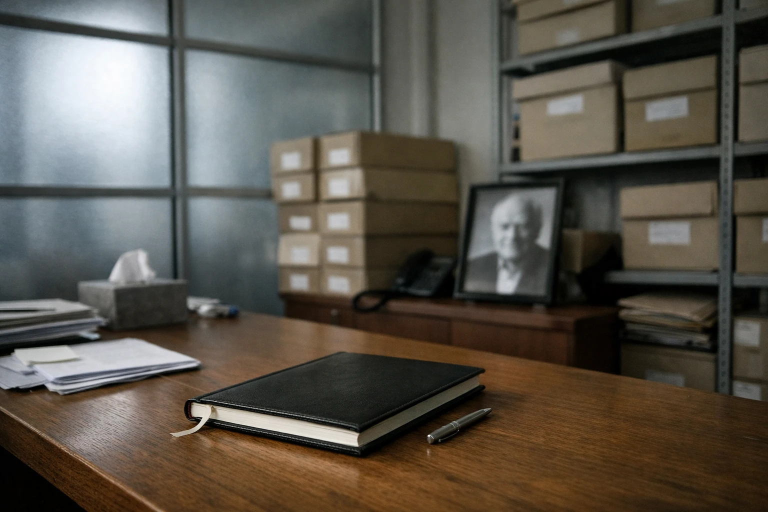 Salle d’archives institutionnelle sobre avec livre de condoléances fermé et cartons d’archives, ambiance documentaire