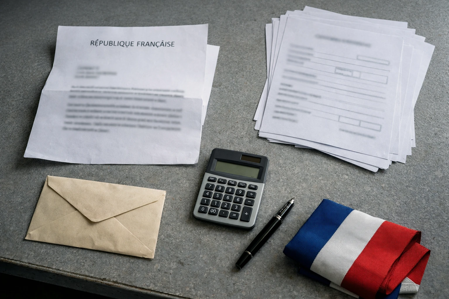Vue plongeante d’un bureau politique français avec formulaires flous, lettre officielle et écharpe tricolore, illustrant la montée des micropartis.