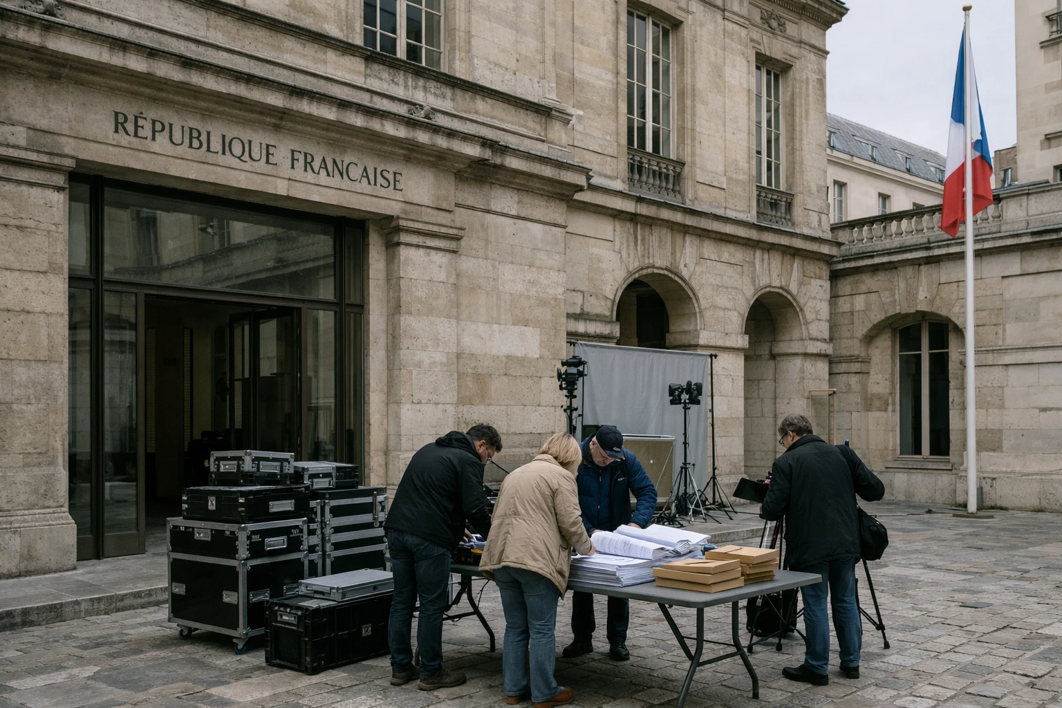 Façade du ministère de la Culture à Paris avec drapeau français discret et préparatifs de presse avant les travaux du Grand Louvre