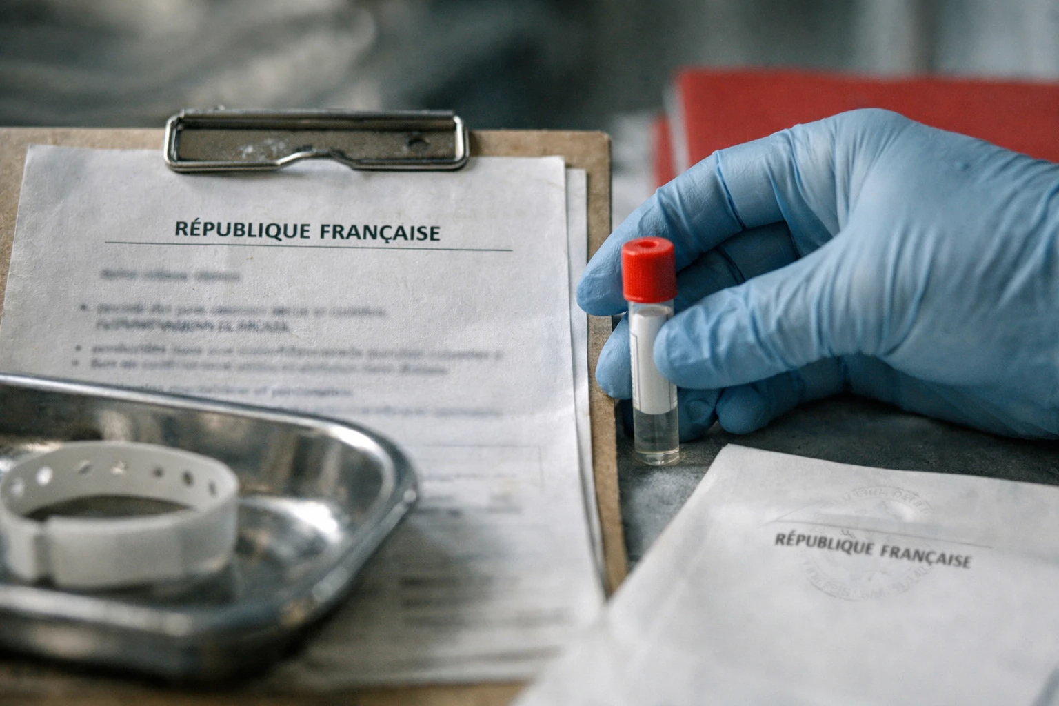 Macro photojournalistic scene of a French hospital quarantine desk with sample tubes, isolation paperwork, and a République Française seal impression after the MV Hondius hantavirus repatriation.