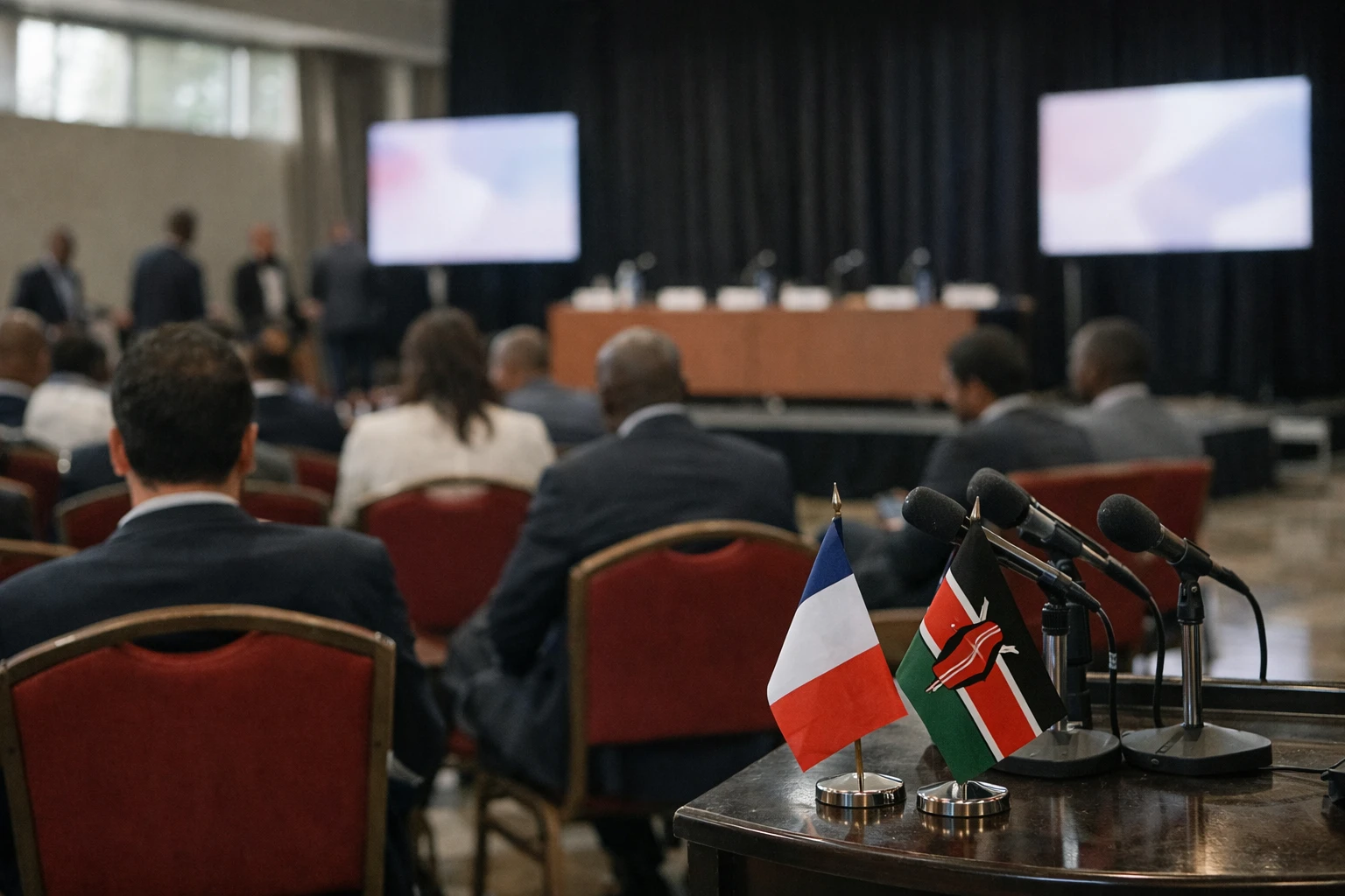 Sommet diplomatique à Nairobi avec micros, drapeaux miniatures et salle de conférence en photojournalisme éditorial