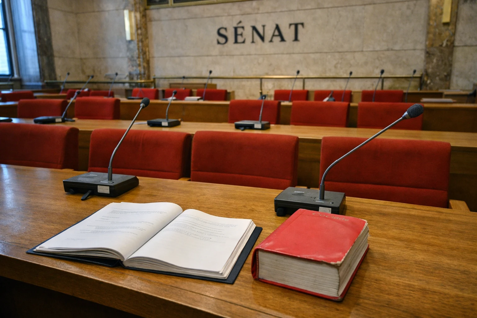 Salle du Sénat vide avec micros et dossiers autour d’un débat sur la protection face au narcotrafic.