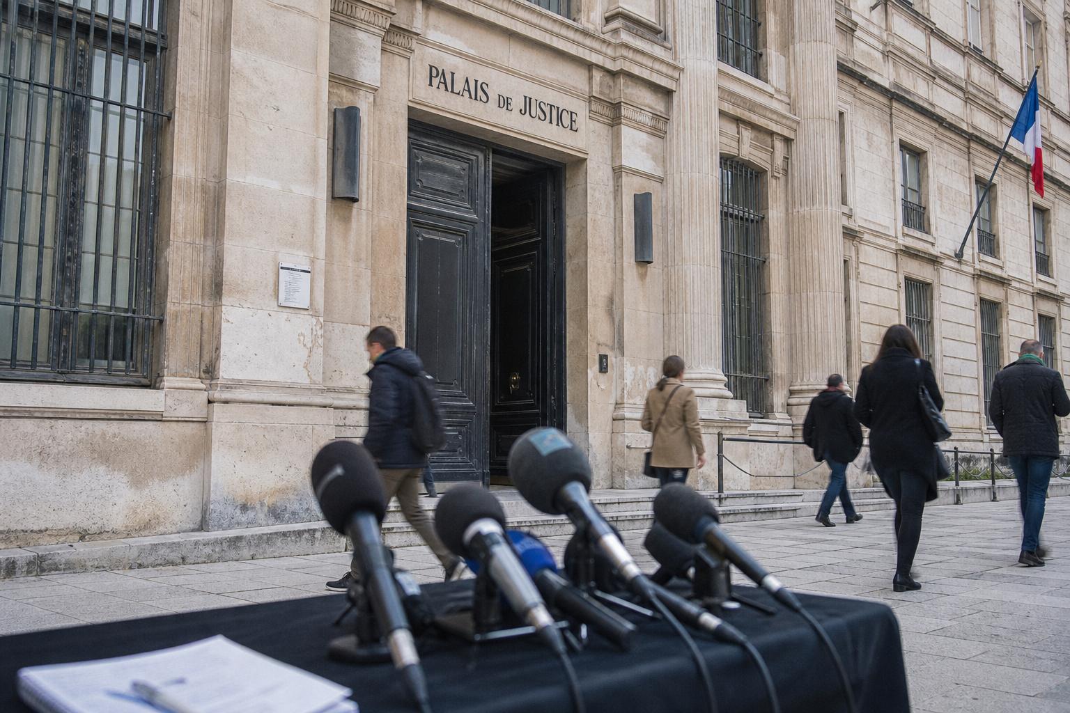 Façade d’un palais de justice français avec micros de presse lors d’un point sur le narcotrafic