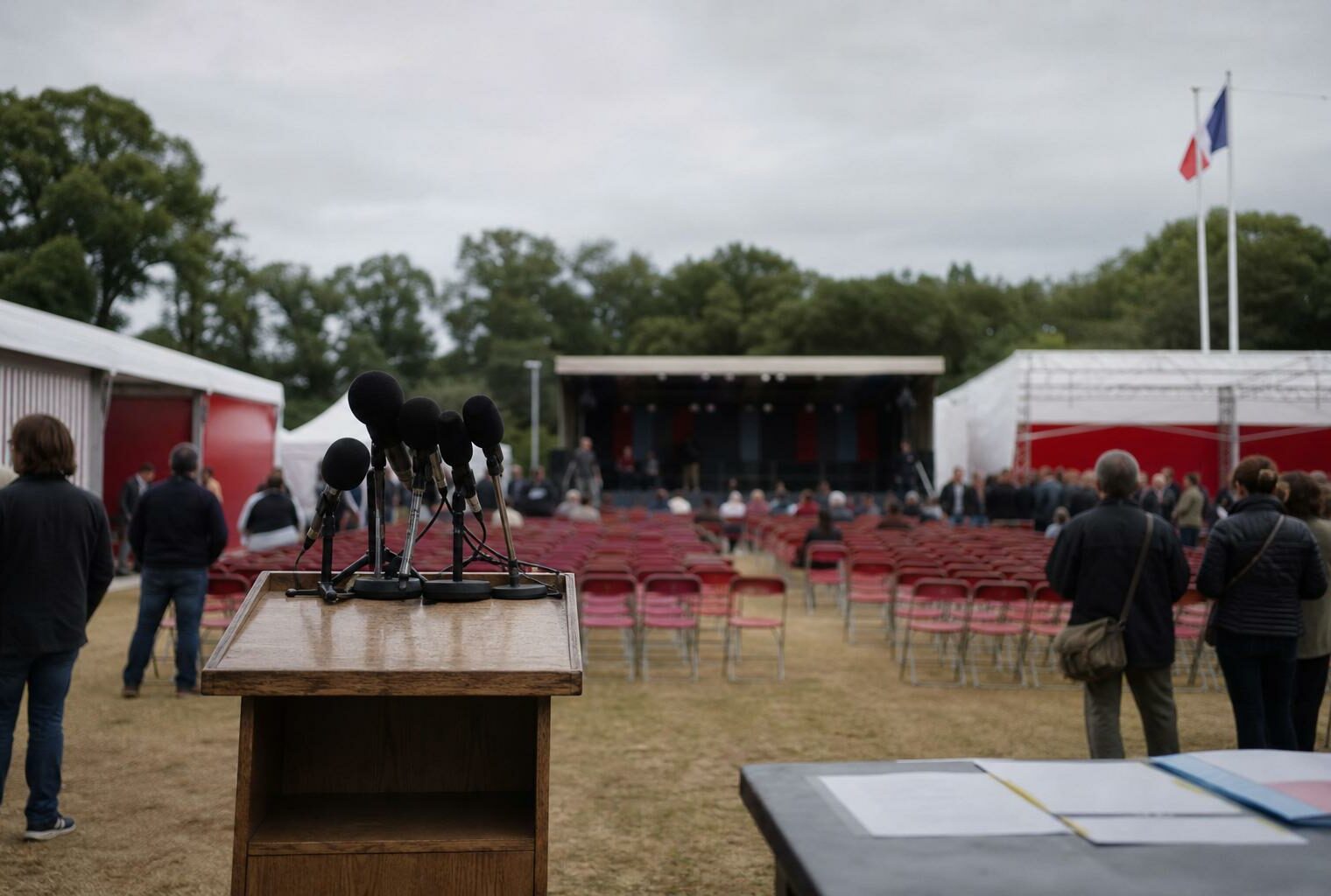 Podium de meeting politique avec micros et rangées de chaises rouges lors d’une fête militante en France, en style photojournalistique éditorial.