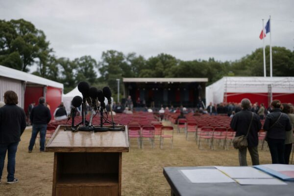 Podium de meeting politique avec micros et rangées de chaises rouges lors d’une fête militante en France, en style photojournalistique éditorial.