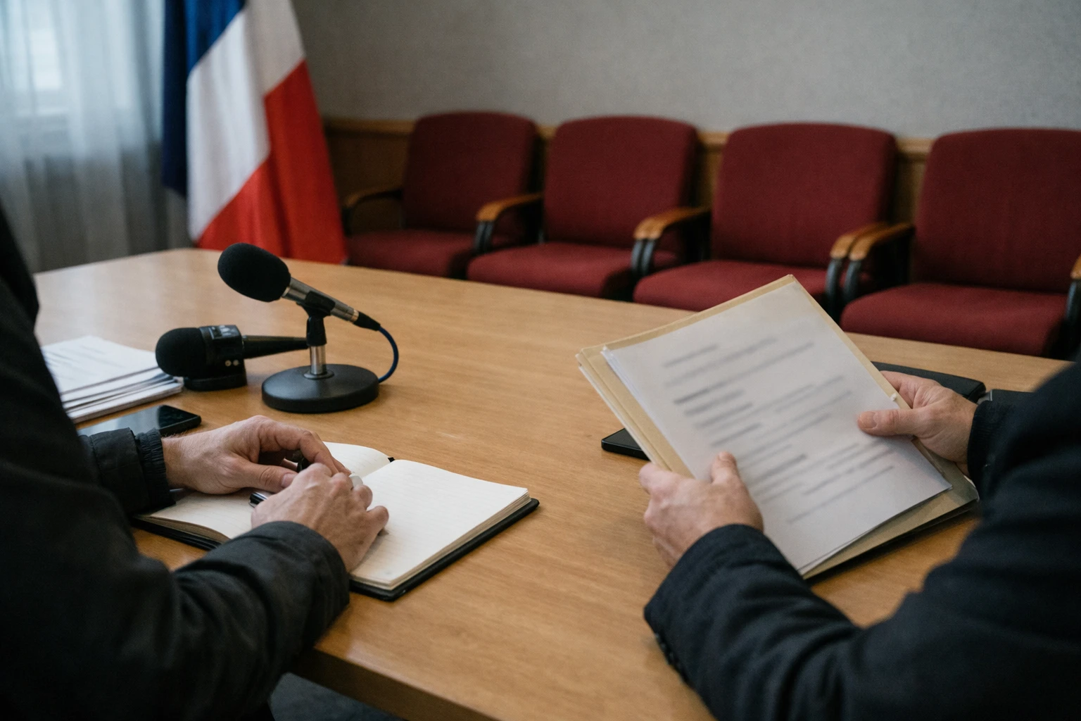 Deux négociateurs politiques anonymes autour d’une table dans une salle institutionnelle française, avec micros de presse et drapeau tricolore en arrière-plan.