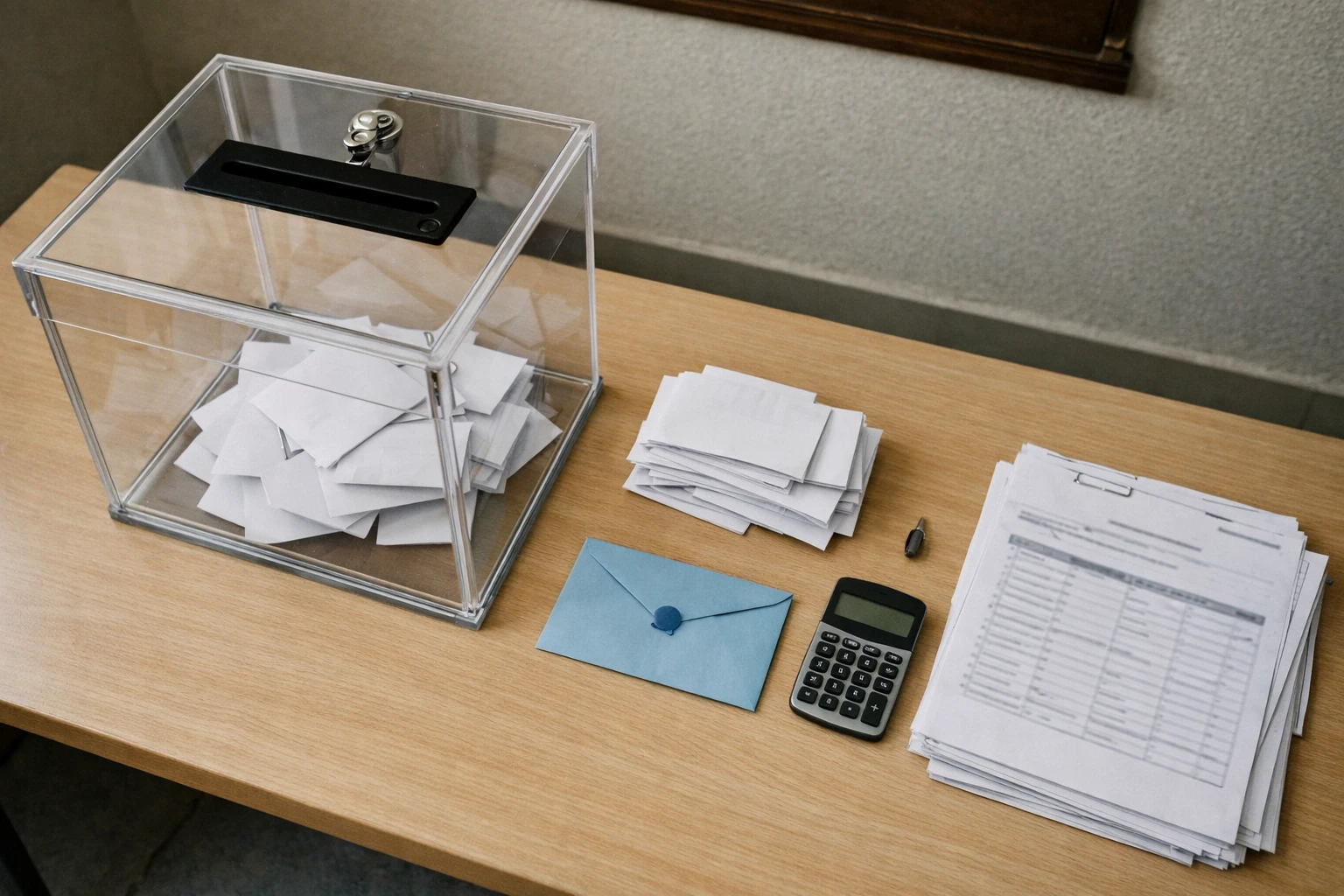 Ballot box, ballot papers and official election forms in a New Caledonian municipal office