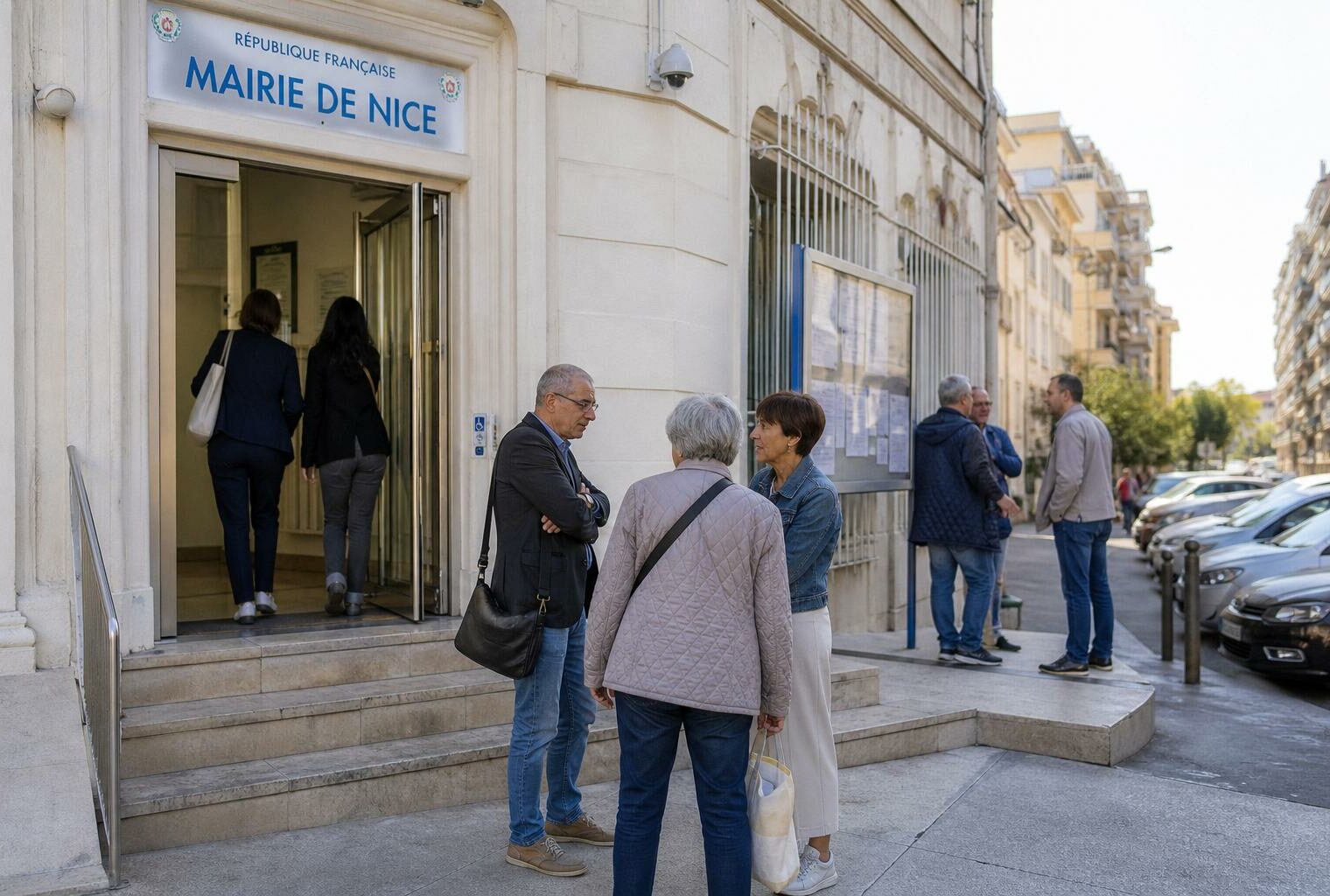 Des habitants entrent dans une mairie de Nice pour discuter des conséquences locales des JO 2030.