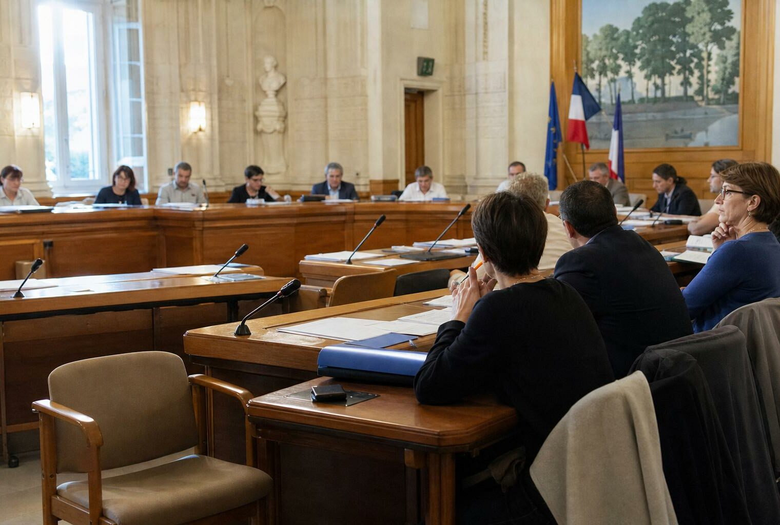 Salle municipale lumineuse avec micros, dossiers flous et chaise vide lors d’une réunion parlementaire locale.