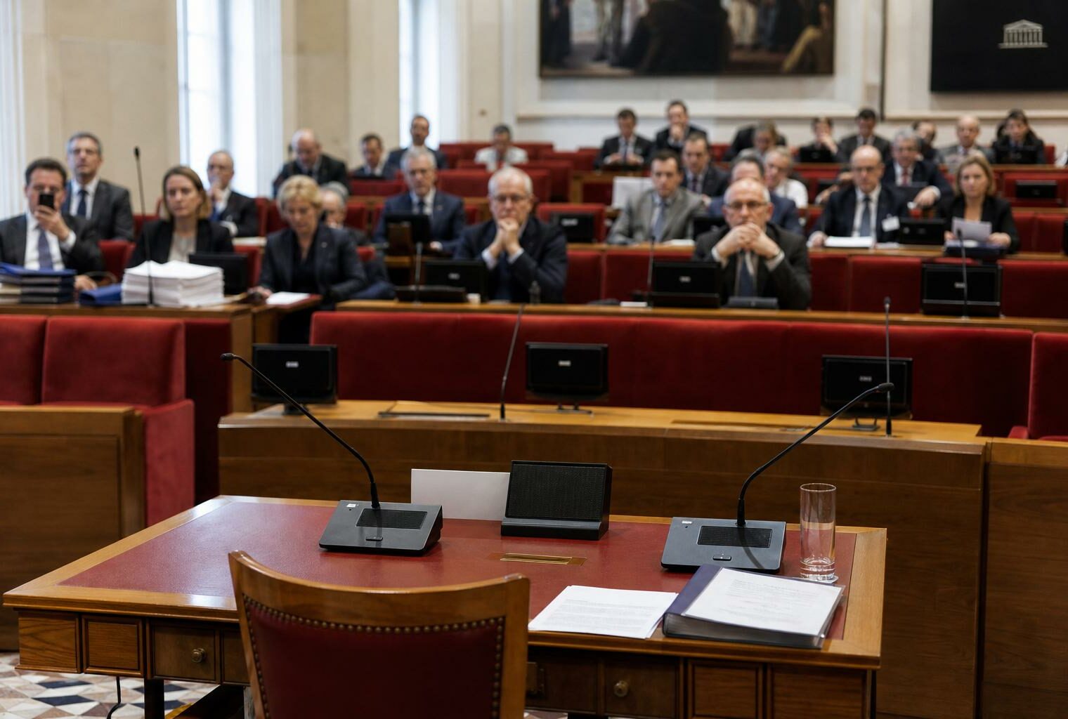 Salle d’audition parlementaire française avec micros de table, sièges rouges et ambiance institutionnelle sobre.