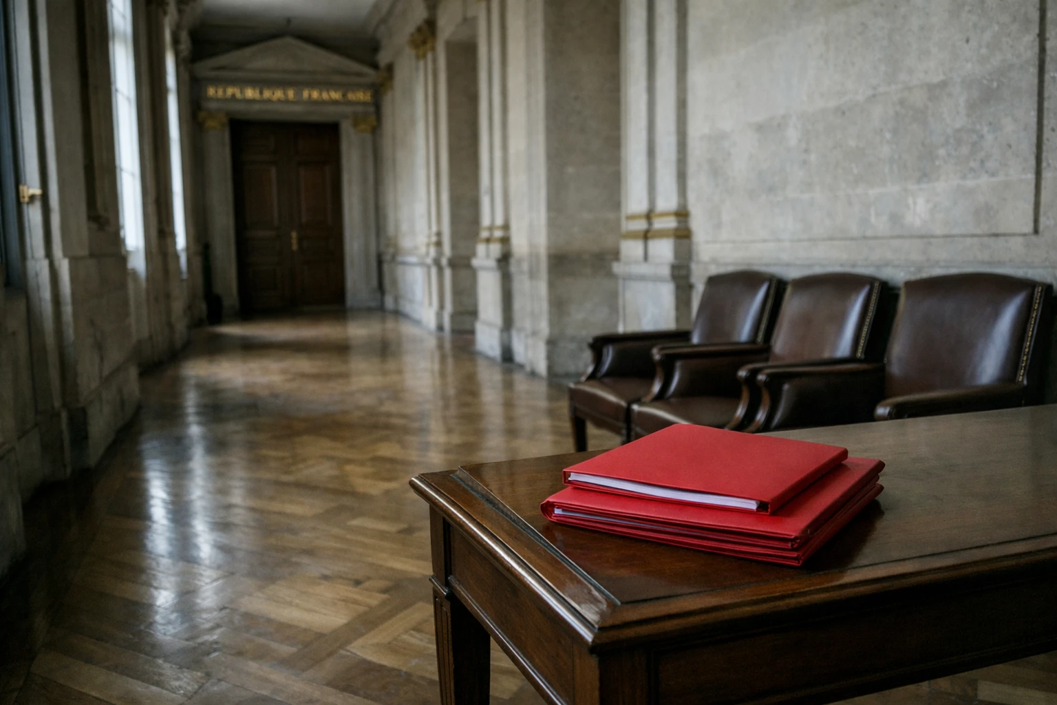 Couloir vide d’une institution française avec marbre, dorures et dossiers fermés, ambiance de pouvoir et de nomination.